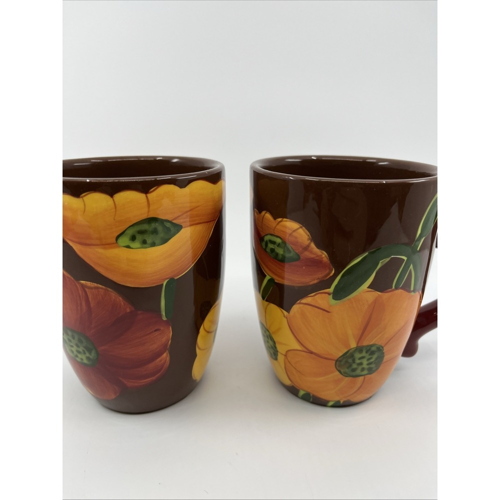 Cracker Barrel Coffee Cup Dark Brown With Flowers Set Of 2 Poppies Family Trad